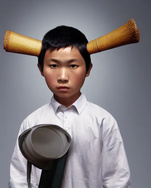 Prompt: medium close up shot of an asian school boy wearing a samurai headgear cosplay, speaking into a megaphone, dark studio background, softlight, photorealistic, art by artgerm and greg rutkowski