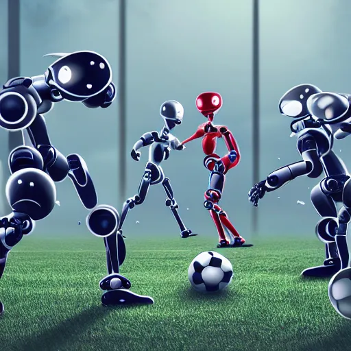 Image similar to photorealistic robots playing soccer