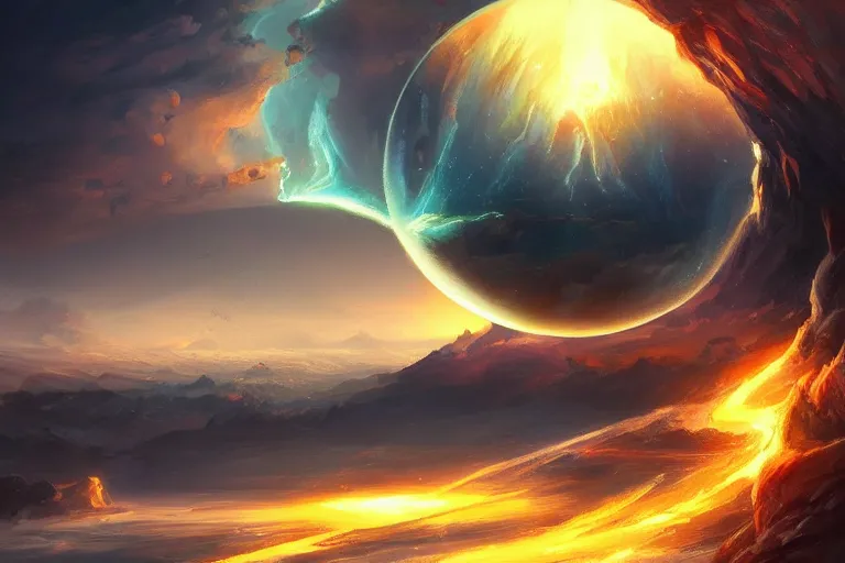 Prompt: epic landscape concept art, a sphere in the sky that contains fire element, water element, earth element, wind element while it pulsates and discharges light rays, artstation, beautiful, dramatic lighting