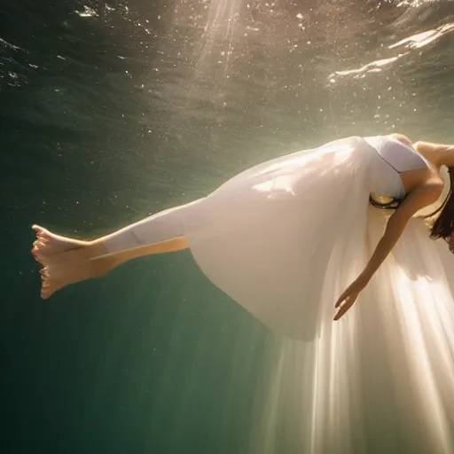 Prompt: a high resolution image of a girl floating underwater with a flowing white dress which is illuminated by the god rays from above