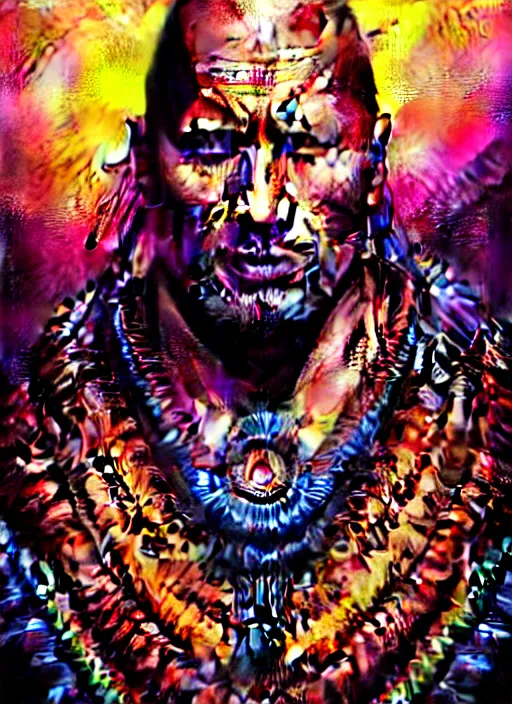 Prompt: portrait of dwayne johnson, hyper detailed ultra sharp aztec shaman warrior. trending on artstation, warpaint aesthetic, bloodwave, colorful, psychedelic, ornate, intricate, digital painting, concept art, smooth, sharp focus, illustration, art by artgerm and greg rutkowski and h. r. giger, 8 k