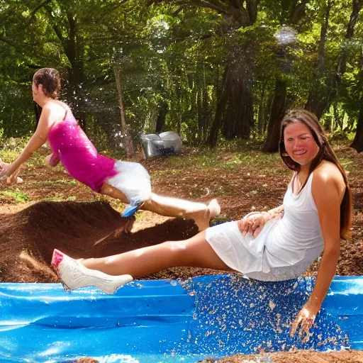 Image similar to adult sliding down chocolate pudding slip n slide legs first, professional photo taken at the park