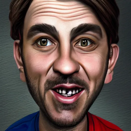 Image similar to Caricature portraits done of Vinny Vinesauce, realistic, hyperrealistic, very realistic, highly detailed, very detailed, extremely detailed, detailed, oil painting, digital art, trending on artstation