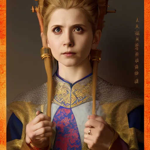 Prompt: a highly detailed portrait of buffy the vampire slayer as a medieval chinese prince, beautiful detail and color, art by john collier and albert aublet and krenz cushart and artem demura and alphonse mucha, volumetric lighting, octane render, 4 k resolution, trending on artstation, masterpiece