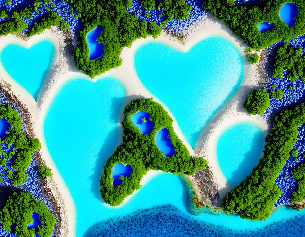 Image similar to closeup shot photo of ultra realistic blue lagoon with exotic tree heart / shaped sandy beach island, sunset lighting