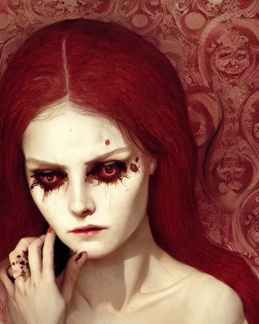 Image similar to a beautiful but sinister and creepy woman in layers of fear, with haunted eyes, violence in her eyes, 1 9 7 0 s, seventies, delicate embellishments, a little blood, crimson, painterly, offset printing technique, by alexandre cabanel