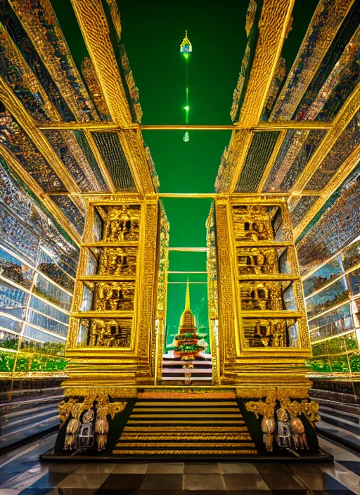 Image similar to emerald buddha temple designed by bjarke ingels, high lights, 4 k, high detailed photography, 5 0 mm lens, depth of field, cinematic