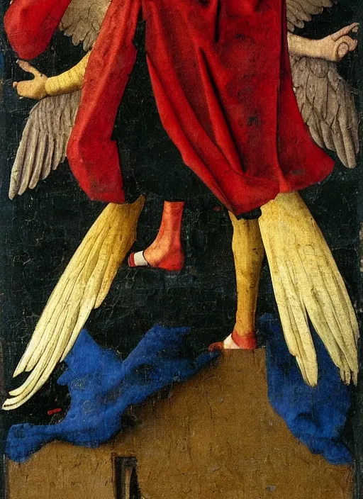 Image similar to Flying Fallen Angel with wings dressed in red, Medieval painting by Jan van Eyck, Johannes Vermeer, Florence