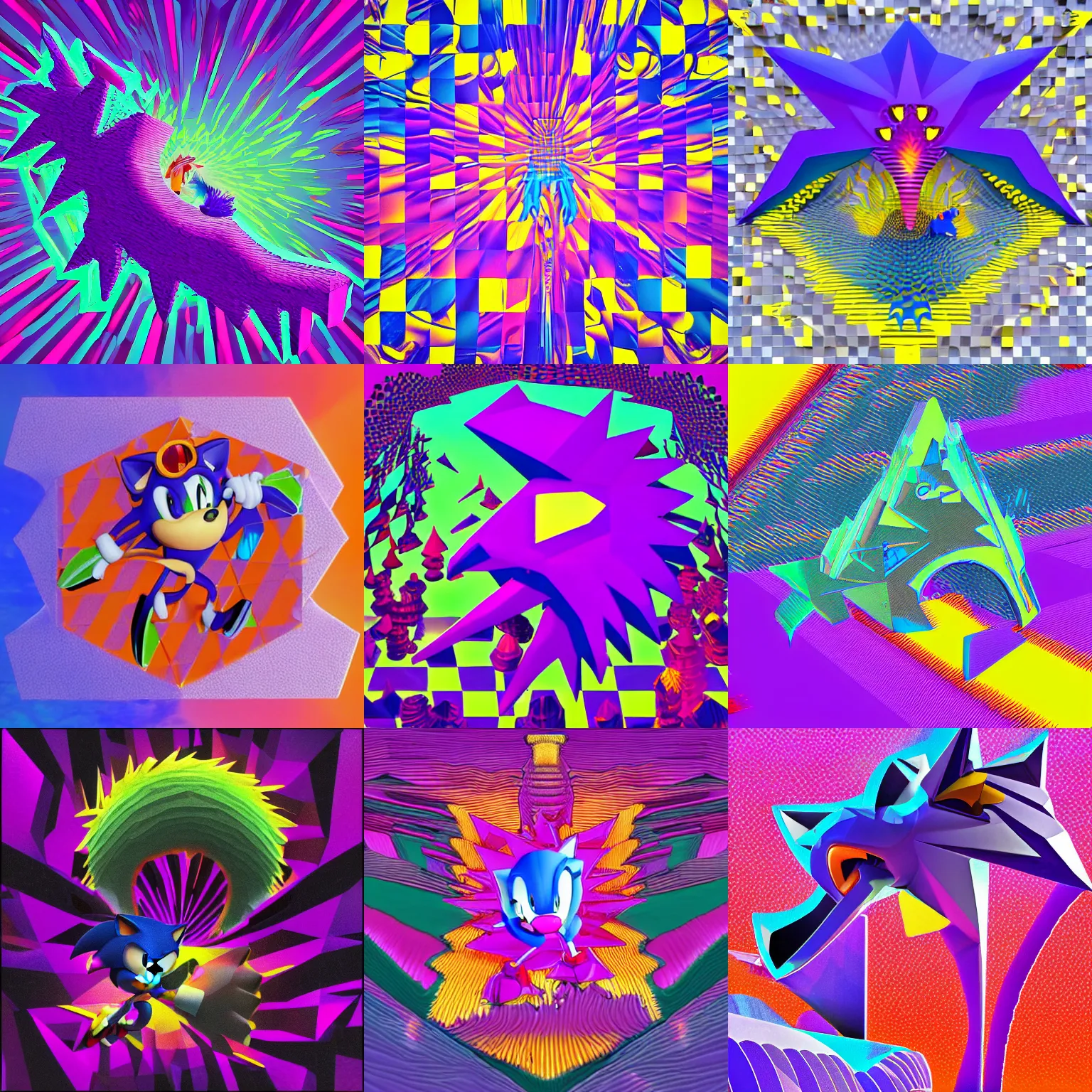 Prompt: surreal, sharp, sonic made out of detailed professional, high quality low poly render of MGMT album cover of a liquid dissolving LSD DMT sonic the hedgehog on a flat purple checkerboard plane, 1990s 1992 prerendered graphics phong shaded album cover