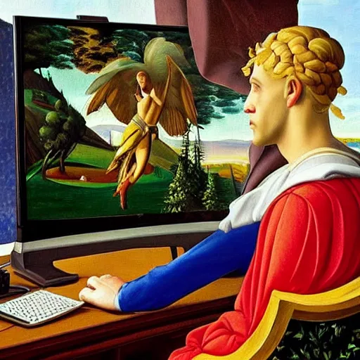 Prompt: a painting of the king playing Fortnite on a RGB PC gamer, oil on canvas, painted by Botticelli