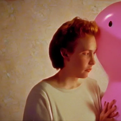 Prompt: still from a 1993 arthouse film about a depressed housewife dressed as a squishy inflatable smiley who meets a handsome younger man in a seedy motel room, color film, 16mm soft light, weird art on the wall