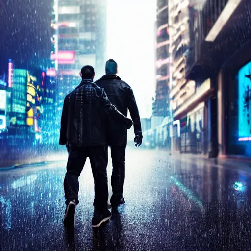 Image similar to cyberpunk men holding a cool watch walking in the middle of a cyberpunk street the background is a cyber street the weather is rainy and foggy photo - realistic