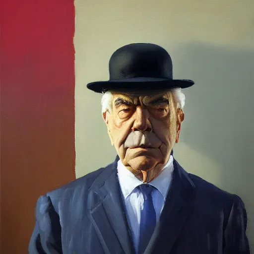 Image similar to greg manchess portrait painting of rene magritte as overwatch character, medium shot, asymmetrical, profile picture, organic painting, sunny day, matte painting, bold shapes, hard edges, street art, trending on artstation, by huang guangjian, gil elvgren, ruan jia, randy vargas, greg rutkowski