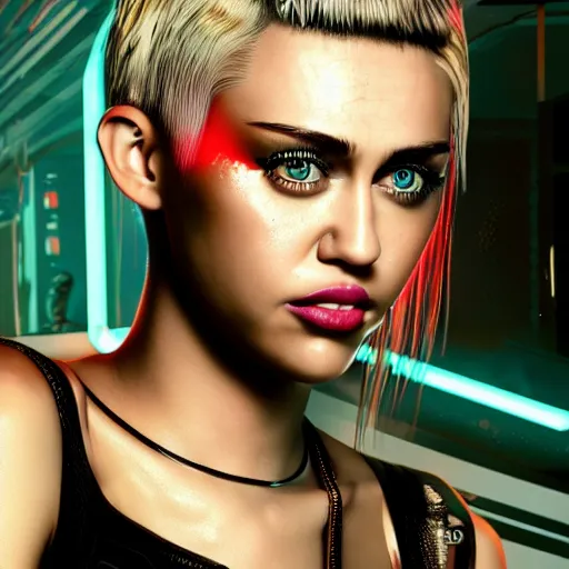 Image similar to miley cyrus portrait, Cyberpunk 2077, photorealistic, ultra detailed, cybernetic head, neon, octane, bokeh, cyber, cyber style, feature, scars, cyberface, 8k