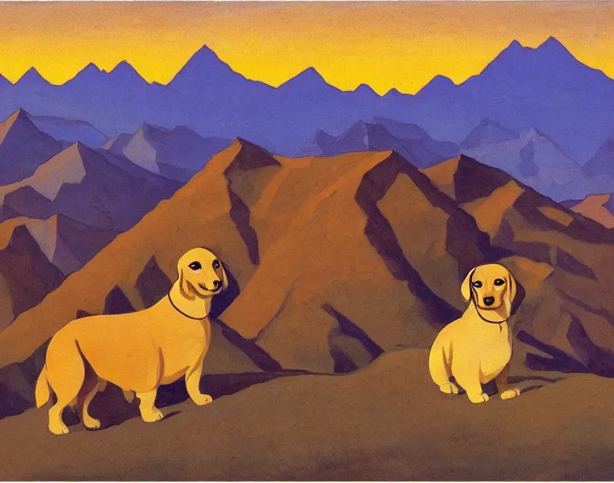 Prompt: Himalayan Dachshund, with Himalaya in the background, sunset, painting by Nicholas Roerich