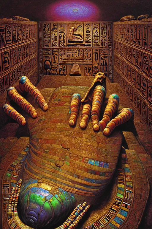 Image similar to a hyperrealistic painting of a ancient egyptian mummies tomb with magical iridescent scarabs and embellished ornate old statues walls of hieroglyphics, cinematic horror by chris cunningham, lisa frank, richard corben, highly detailed, vivid color, beksinski painting, part by adrian ghenie and gerhard richter. art by takato yamamoto. masterpiece