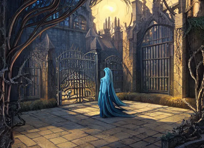 Prompt: a huge courtyard with gates and a beautiful witch queen, detailed 4 k painting, dramatic light, style of gerald brom