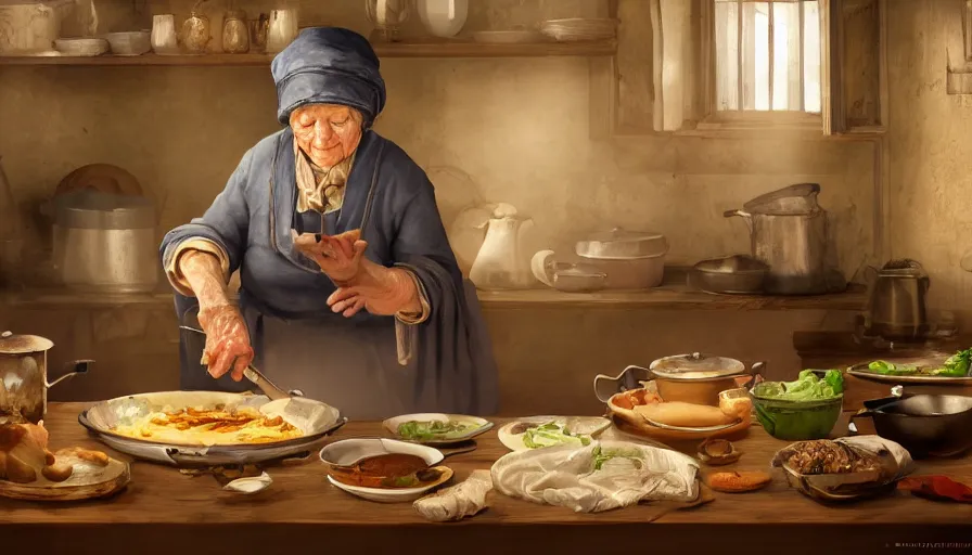 Image similar to old eastern lady cooking in her old 1 8 0 0's kitchen, pan and plates, hyperdetailed, artstation, cgsociety, 8 k