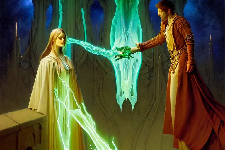 Prompt: the female arcanist and the male artificer by zacharias aagaard and albert bierstadt and gerald brom and james gilleard and wayne barlowe and marc simonetti and jean delville, beautiful, robes, highly detailed, hyperrealistic, intricate, energy, electricity, blue flame, low light, green crystal, high contrast