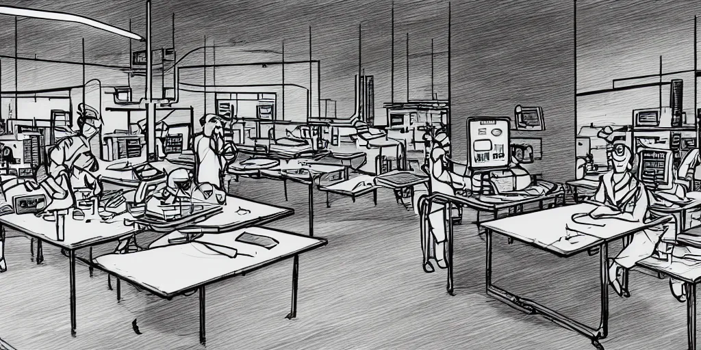 Image similar to detailed drawing of a laboratory with smartphones and laptops on a table