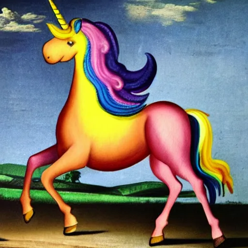 Image similar to a unicorn walking on a rainbow in the style of Caravaggio