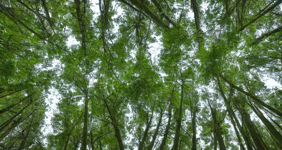 Image similar to deep inside an orderly forest, under the canopy of evenly spaced trees