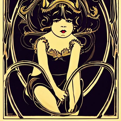 Image similar to a devil little girl, black and gold, art nouveau style