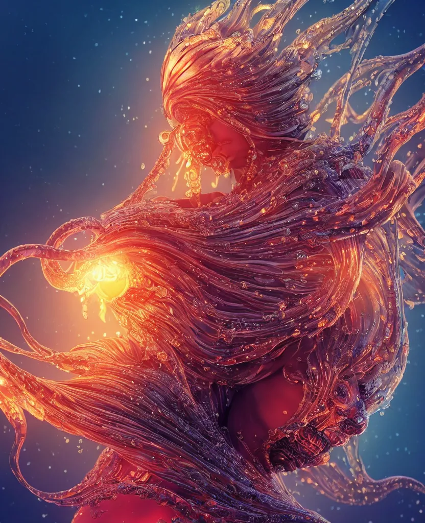 Prompt: close-up macro portrait of the face of a beautiful princess, epic angle and pose, symmetrical artwork, 3d with depth of field, blurred background, cybernetic jellyfish phoenix bird, translucent, nautilus, energy flows of water and fire. a highly detailed epic cinematic concept art CG render. made in Maya, Blender and Photoshop, octane render, excellent composition, cinematic dystopian brutalist atmosphere, dynamic dramatic cinematic lighting, aesthetic, very inspirational, arthouse. y Greg Rutkowski, Ilya Kuvshinov, WLOP, Stanley Artgerm Lau, Ruan Jia and Fenghua Zhong