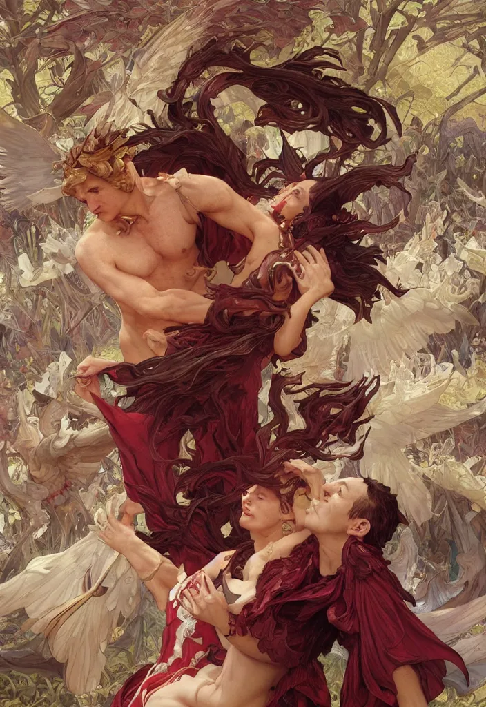 Prompt: Demon King dances with the angel queen, highly detailed, digital painting, artstation, concept art, smooth, sharp focus, illustration, ArtStation, art by artgerm and greg rutkowski and alphonse mucha and J. C. Leyendecker and Edmund Blair Leighton and Katsuhiro Otomo and Geof Darrow and Phil hale and Ashley wood and Ilya repin and Charlie Bowater and Tom Bagshaw