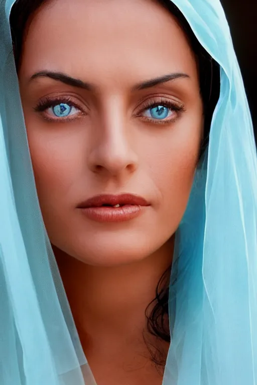 Image similar to young Monica Belluci as an Arab woman, tanned skintone, bright blue eyes, white transparent veil, headscarf, model face, light blue decent dress, closeup portrait, focus