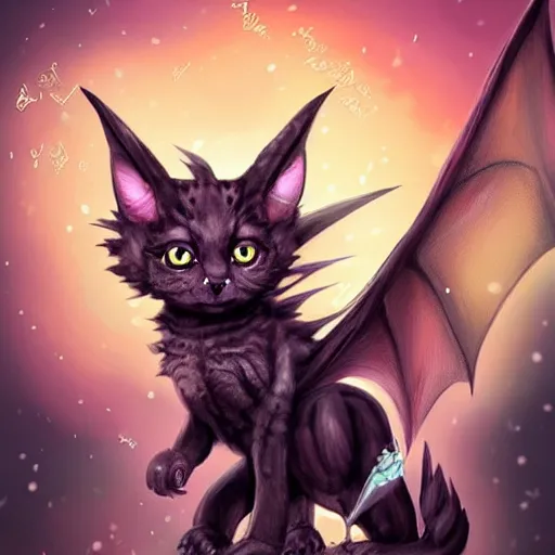 Image similar to an crossbreed between a dragon and a kitten, black fur, black wings, fantastic animal, magical, very cute, adorable, charming, amazing details, bright colors, ultra high definition, artstation pixiv, concept art,