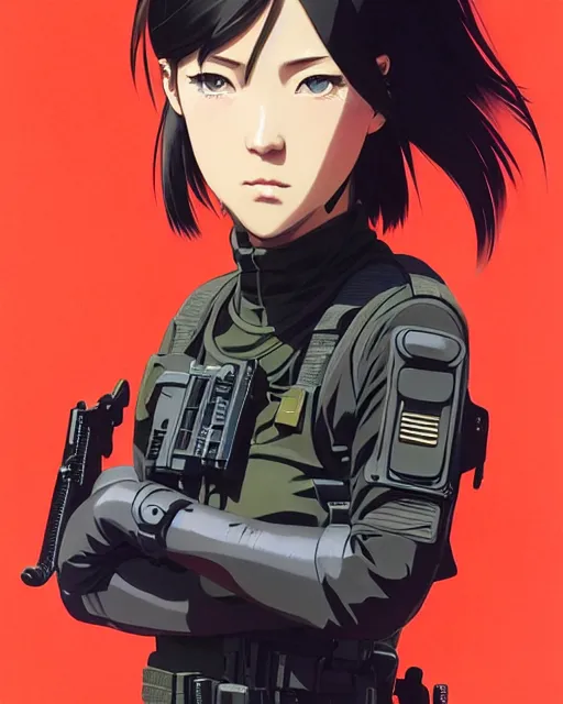 Image similar to girl wearing tactical gear | | very very anime!!!, fine - face, audrey plaza, realistic shaded perfect face, fine details. anime. realistic shaded lighting poster by ilya kuvshinov katsuhiro otomo ghost - in - the - shell, magali villeneuve, artgerm, jeremy lipkin and michael garmash and rob rey