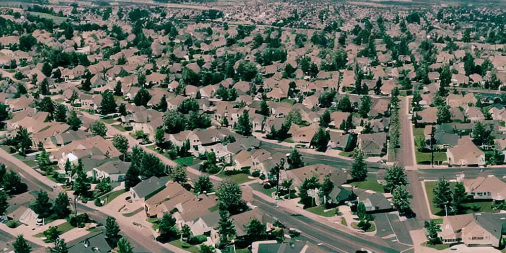 Prompt: suburbs, film still from the truman show, crane shot from above