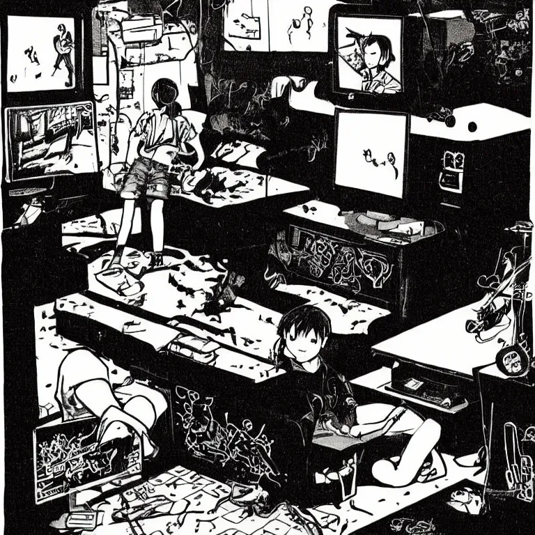 Image similar to illustration of teenager playing video games inside ominous creepy 1 9 8 0's teenagers bedroom. manga style of kentaro mirua,