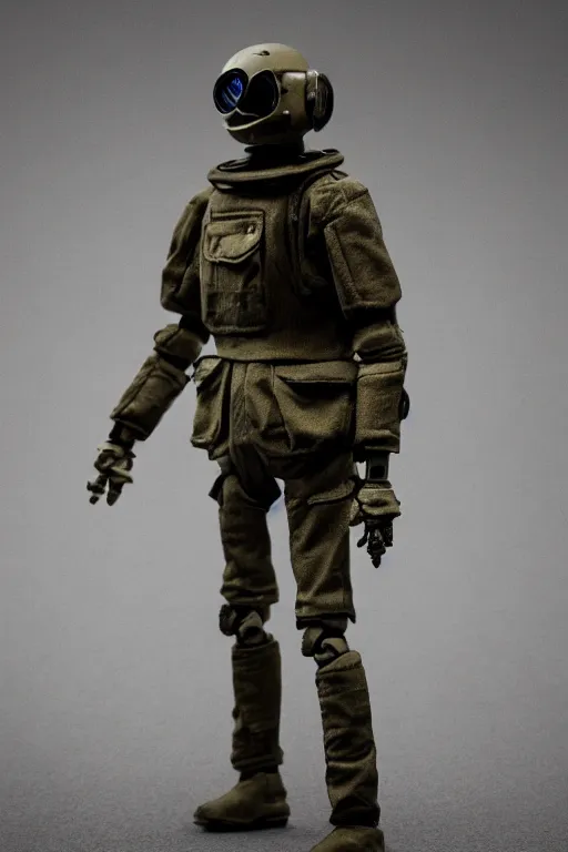 Image similar to a cinematic photo shot of a beautiful 1 : 6 scale threea toys figurine by ashley wood, world war one robot, intricate dark background, dramatic light