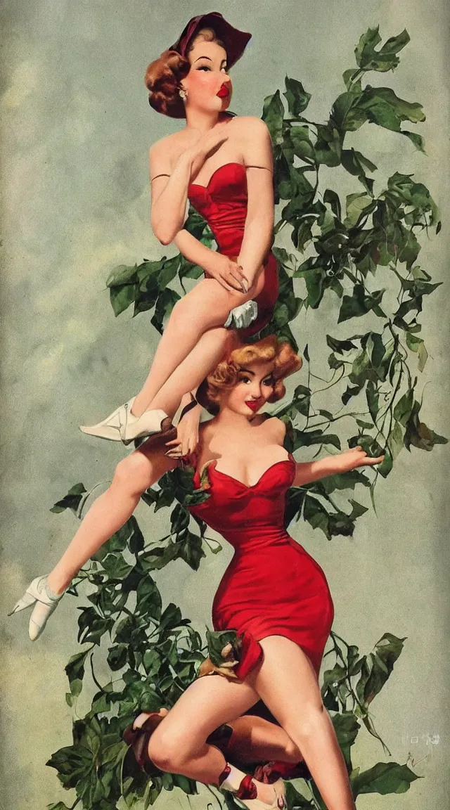 Image similar to a portrait one full body pin up post war dressing a military unioform,garden backgound Gil Elvgren style