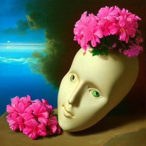 Image similar to a surreal vaporwave vaporwave vaporwave vaporwave vaporwave painting by Thomas Cole of an old pink mannequin head with flowers growing out, sinking underwater, highly detailed, caustics, sunrays, 8k hyperdetails