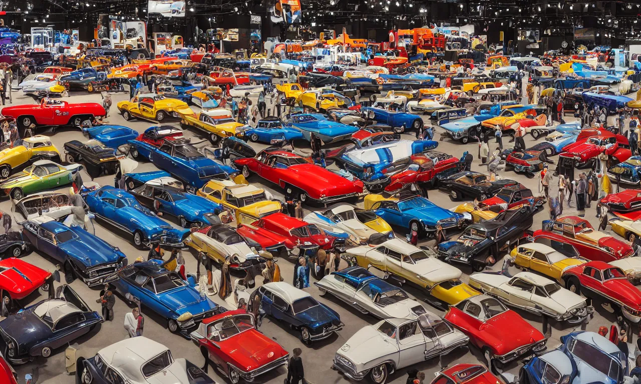 Prompt: exhibition hall full of restomods cars, high detail, colorful image, small features, from new movie by digital domain and weta digital, strong ambient occlusion