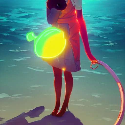 Image similar to a cat with a neon balloon in the ocean | hyperrealistic digital painting by makoto shinkai, ilya kuvshinov, lois van baarle, rossdraws | afrofuturism in the style of hearthstone and overwatch, trending on artstation