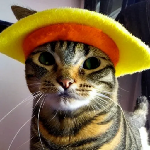 Image similar to tabby cat wearing the nacho sombrero from the despicable me