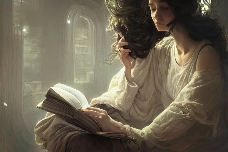 Prompt: a girl reading a book, fibonacci, sweat drops, insane, intricate, highly detailed, digital painting, artstation, concept art, smooth, sharp focus, illustration, unreal engine 5, 8 k, art by artgerm and greg rutkowski and alphonse mucha