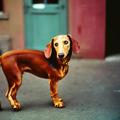 Image similar to Portrait of a dachshund wearing clown makeup, Leica m6, 85mm, fine-art photography, f/1.8, by Steve McCurry