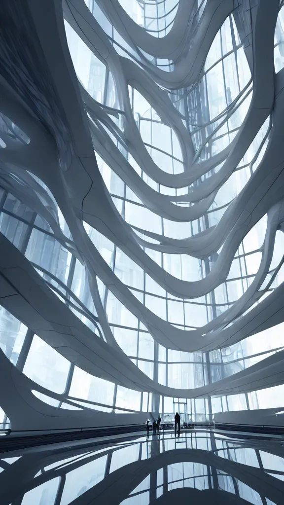 Image similar to the inside of a very tall building, big pods, big windows, octane render, warm colour scheme, white, cyberpunk architecture by zaha hadid, cinematic, scenery, unreal engine, render, cgsociety, modernism, futuristic, artstation, sci - fi, high detail, high quality, close up angle, people walking