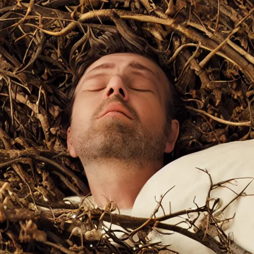 Prompt: close - up of a priest sleeping in a bed made of dead branches, sun rays, cinematic shot, photo still from movie by ari aster