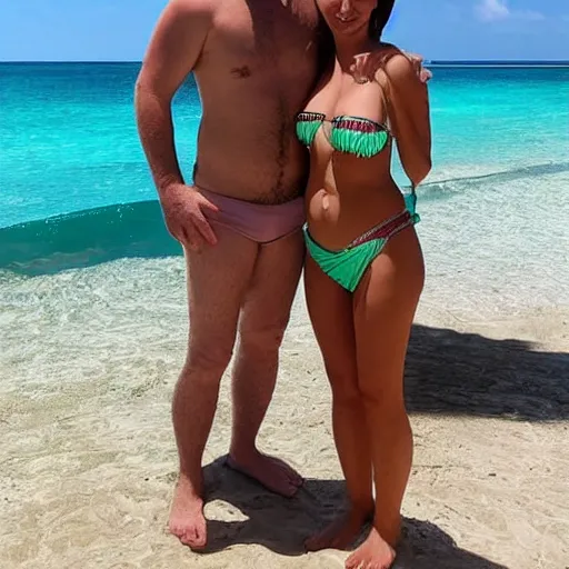 Image similar to photo of a 4 0 year old man that looks young for his age dating a very attractive 2 2 year old woman wearing a bikini. he was 1 8 when she was a newborn baby