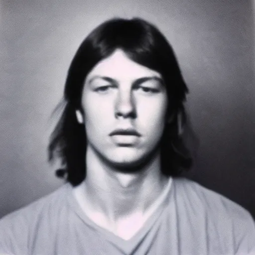 Image similar to Mugshot Portrait of Young David Gilmour, taken in the 1970s, photo taken on a 1970s polaroid camera, grainy, real life, hyperrealistic, ultra realistic, realistic, highly detailed, epic, HD quality, 8k resolution, body and headshot, film still, front facing, front view, headshot and bodyshot, detailed face, very detailed face