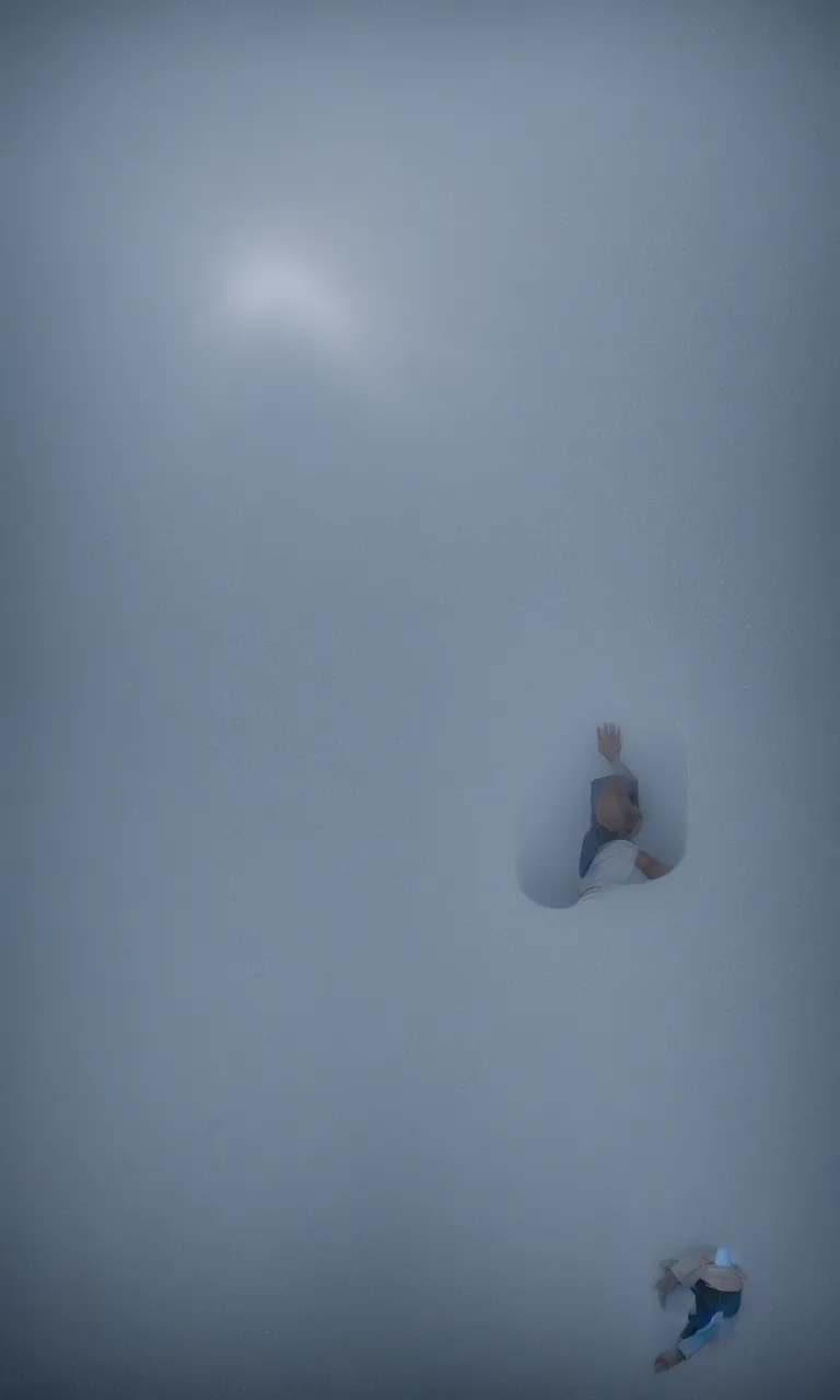 Prompt: POV top-down photo of my diverse arms digging inside an impossible aerogel portal (macOS folder file system) containing a glowing future hologram scale model of terrain topological model floating in midair in front of me: brilliant daylight emerging from the thick fog, Leica 8K still from an A24 film