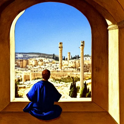 Image similar to fantasy art of king david overlooking the city of jerusalem through his palace window