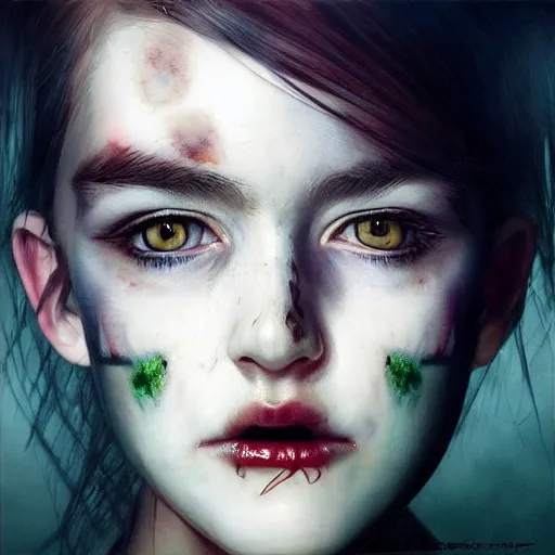 Prompt: high-quality beautifully done centered portrait of a pretty female zombie without a nose and rough pale dirty skin showing a lot of the thin veins underneath, slanted upturned white eyes::trending on artstation, featured on behance::art by Artgerm and Alessio Albi and Heather Theurer::natural lighting, identical eyes, beautiful eyes medium shot, slender symmetrical face and body, hyper-detailed, single face, insanely detailed and intricate