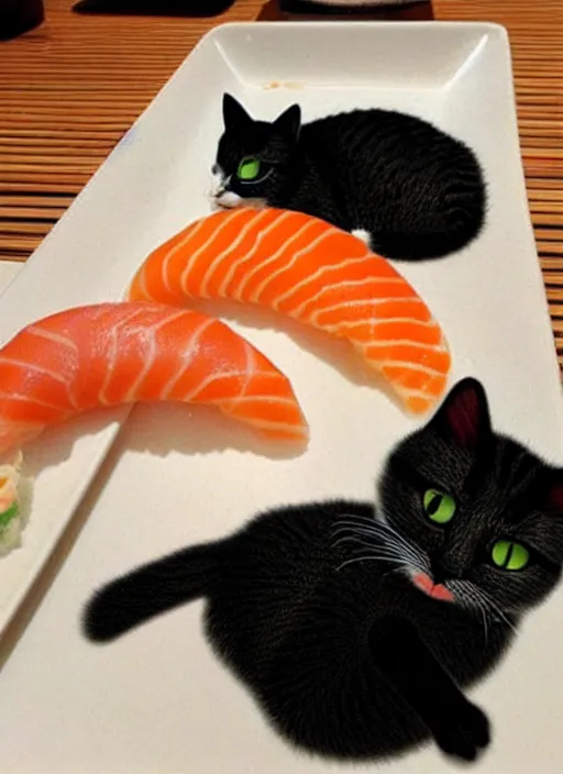 Image similar to clear photorealistic picture of adorable cats made out of sushi